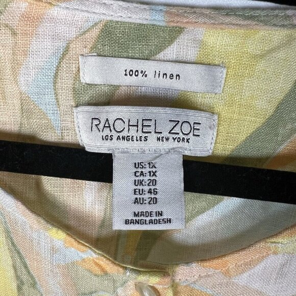 Rachel Zoe 100% Linen Tunic Top Womens 1X Pastel Tropical Roll Tab Sleeve - Picture 6 of 8